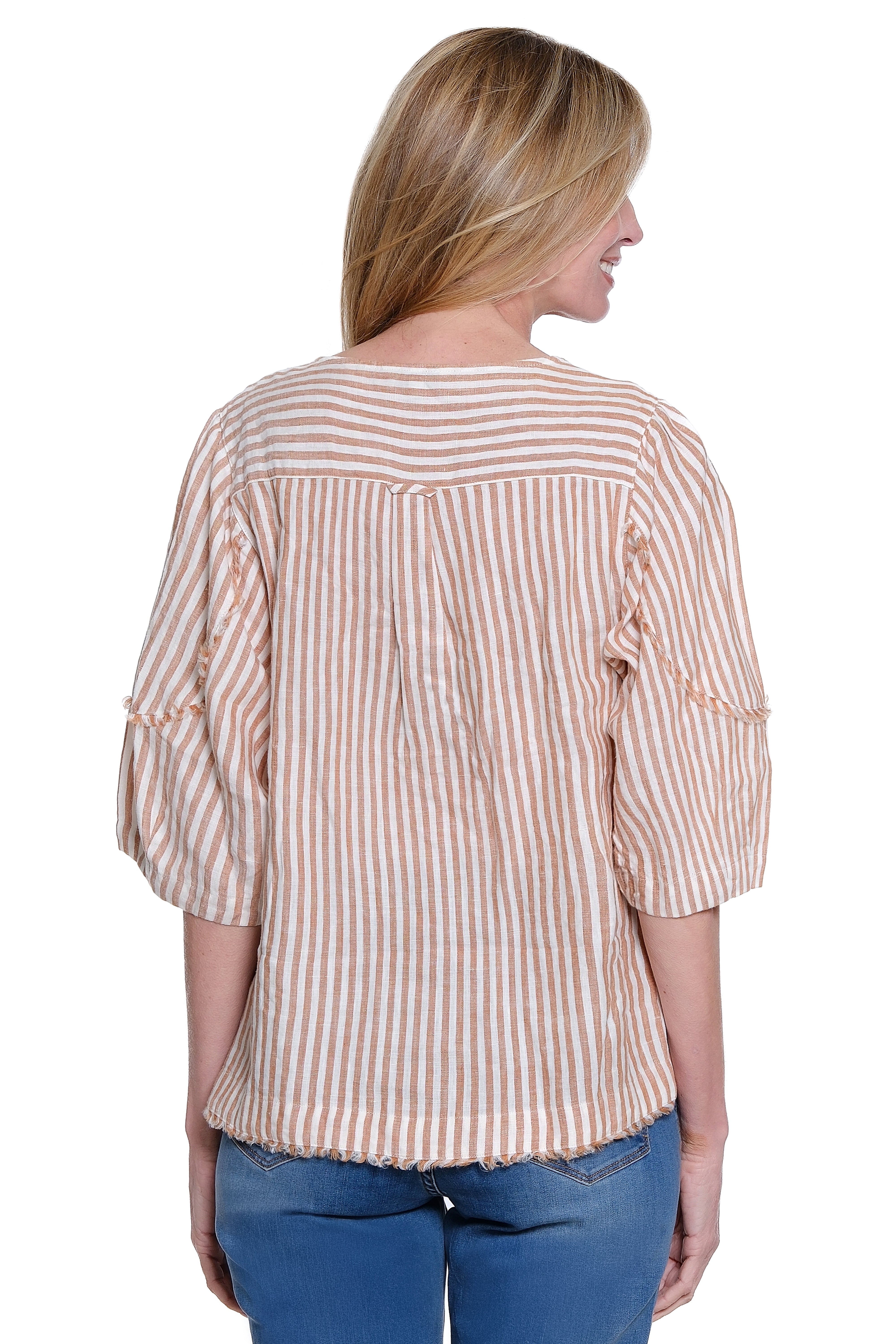 Linen Stripe Split Neck Top with Tie Front - Gold Stripe