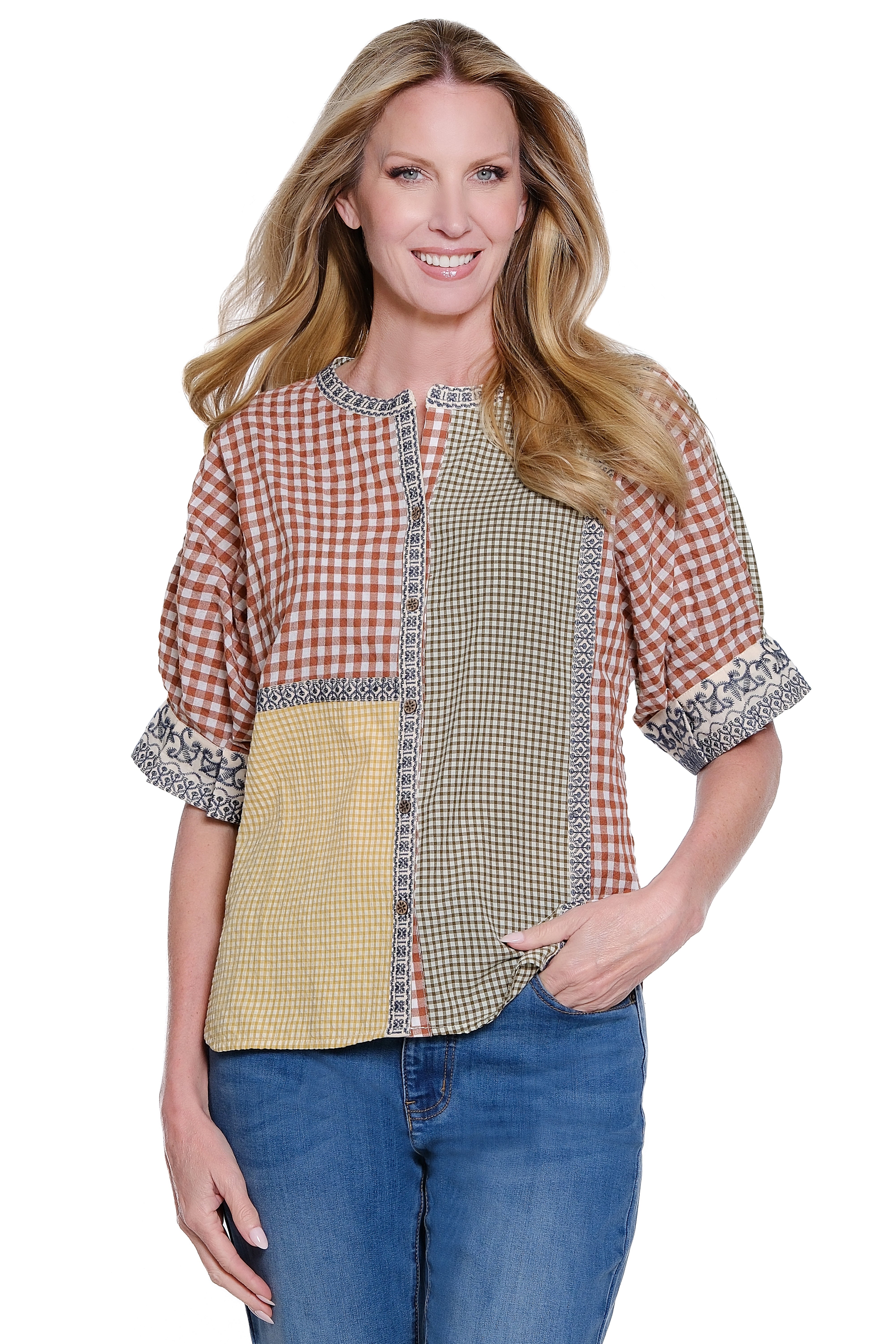 Embroidered Button Down Blouse - Check Multi
