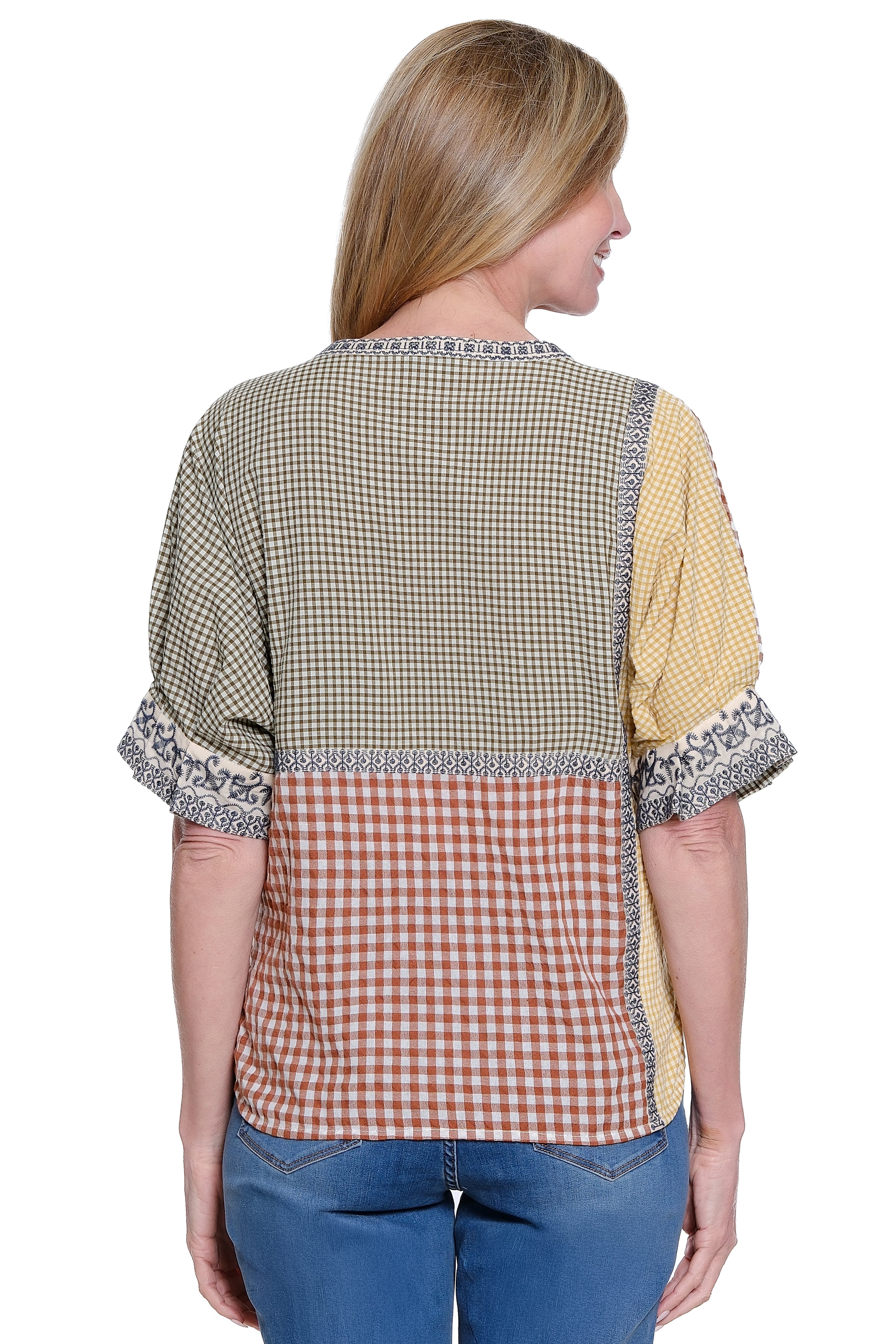 Embroidered Button Down Blouse - Check Multi