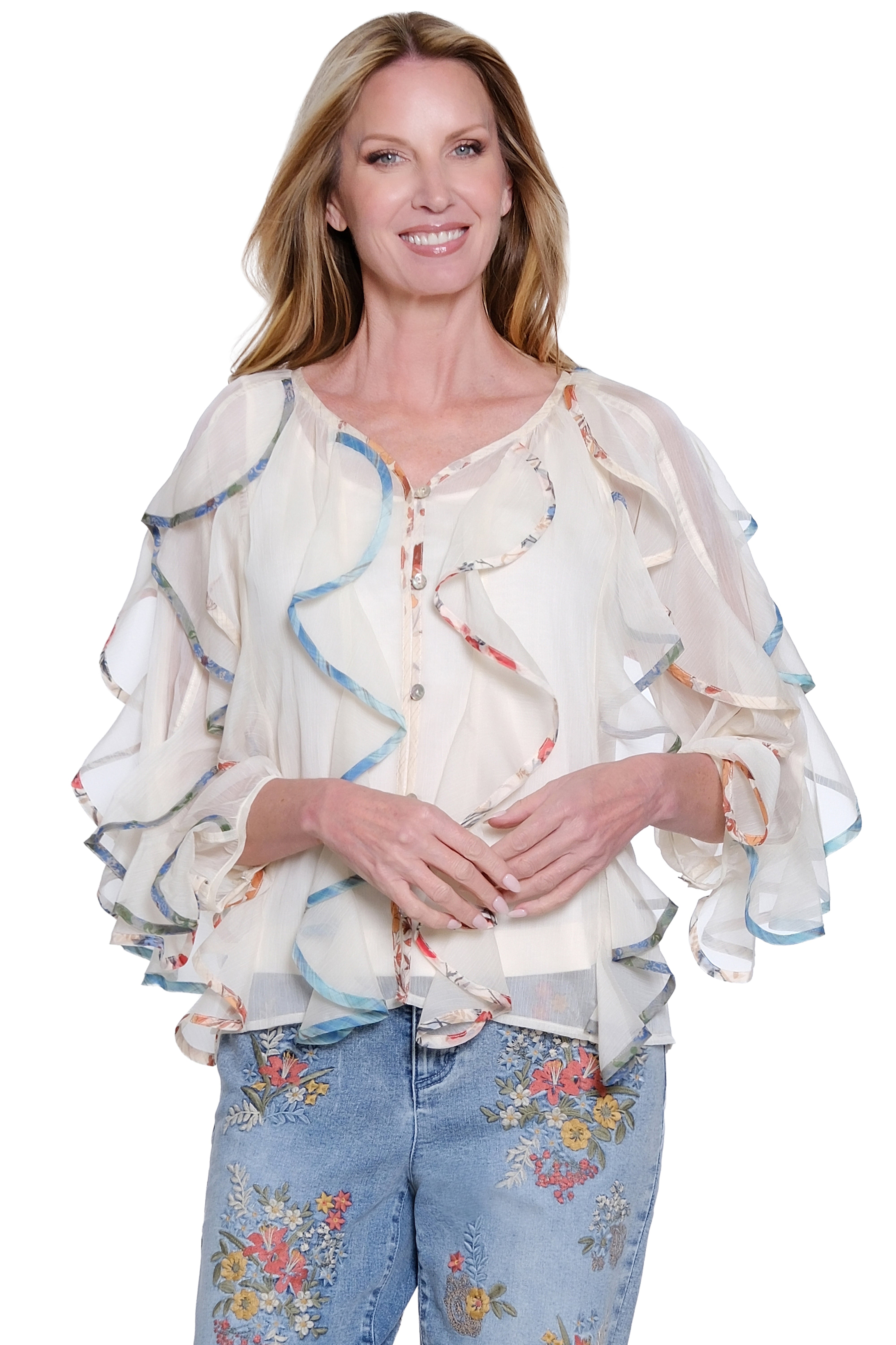 Ruffled 3/4 Sleeve Blouse - Ivory