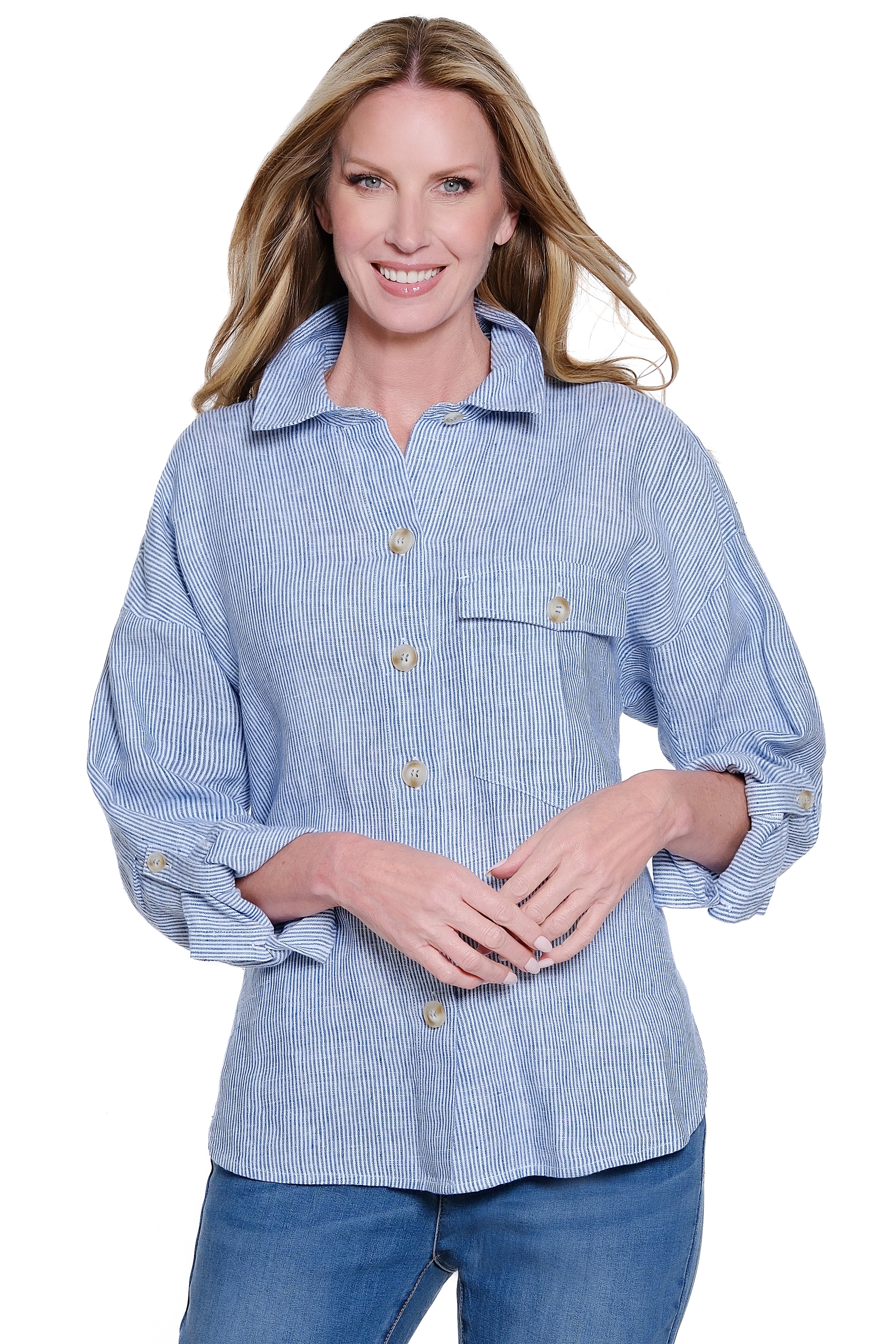 Linen Yarn-Dyed Stripe Blouse with Split Neck - Blue Stripe
