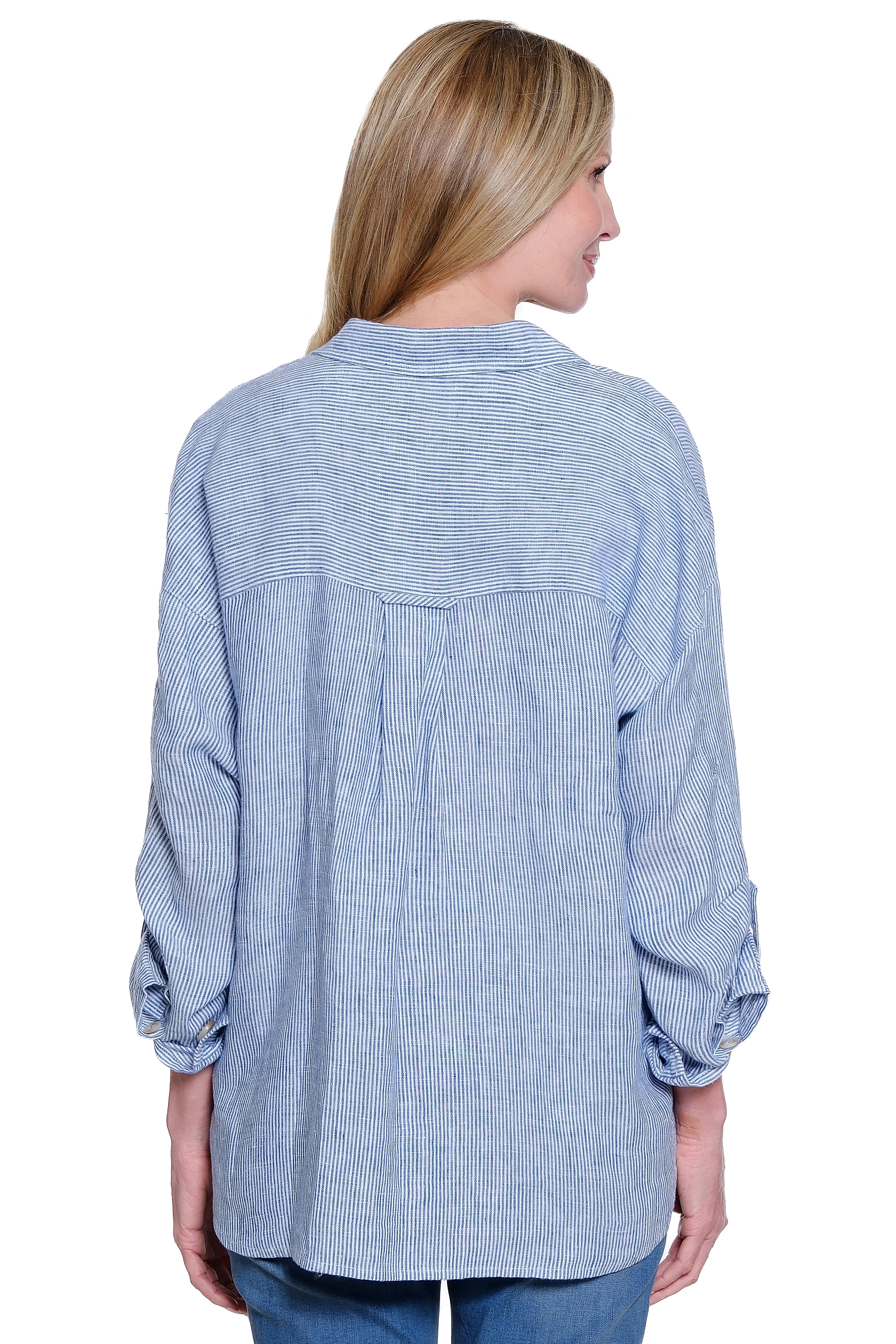 Linen Yarn-Dyed Stripe Blouse with Split Neck - Blue Stripe
