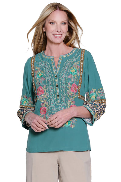 Embroidered Tunic with Print Back - Petite - Green Floral Print