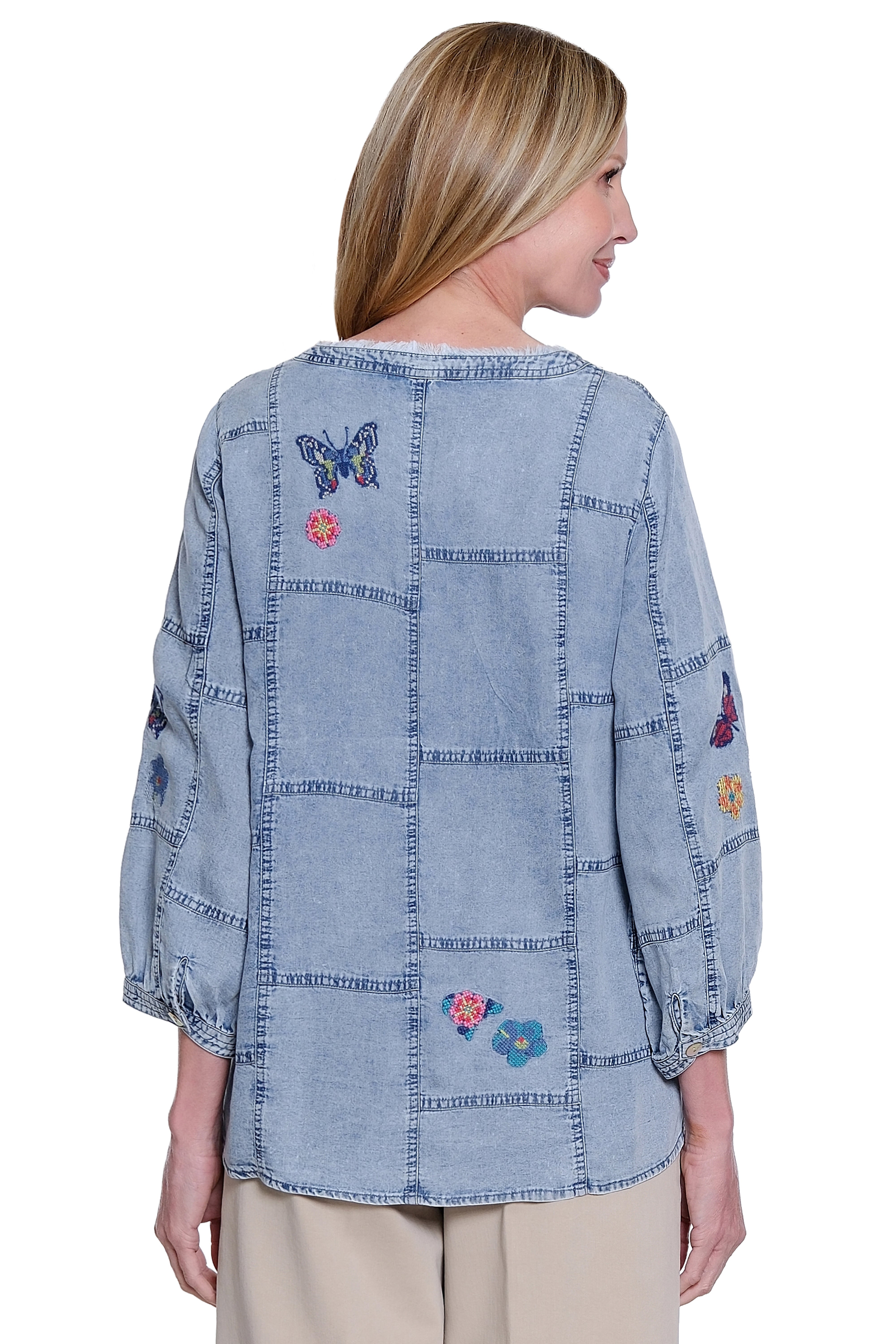 Patchwork Button Front Blouse with Embroidery - Chambray