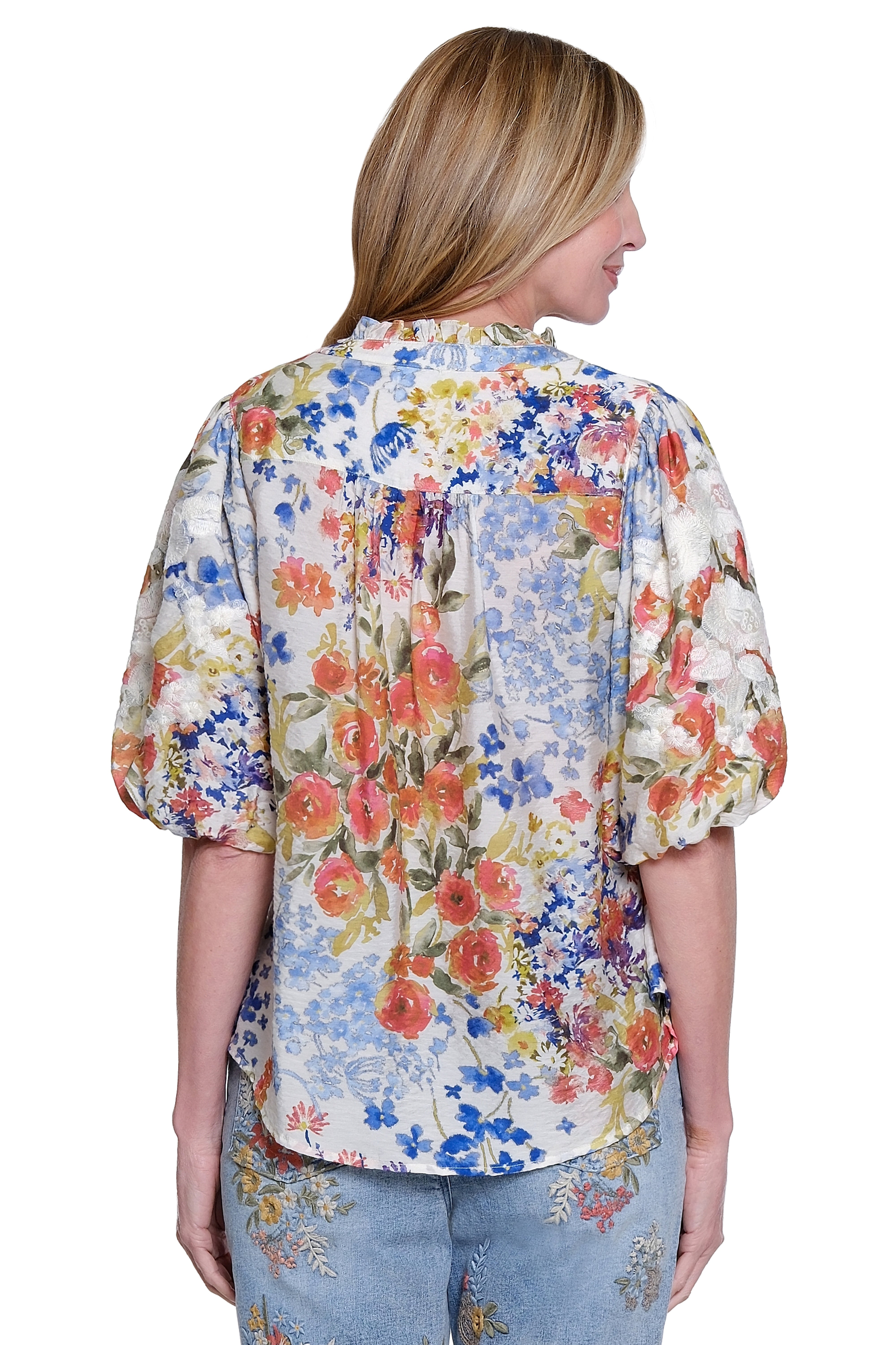 Floral Print Button Front Blouse with Puff Sleeves - Floral Multi