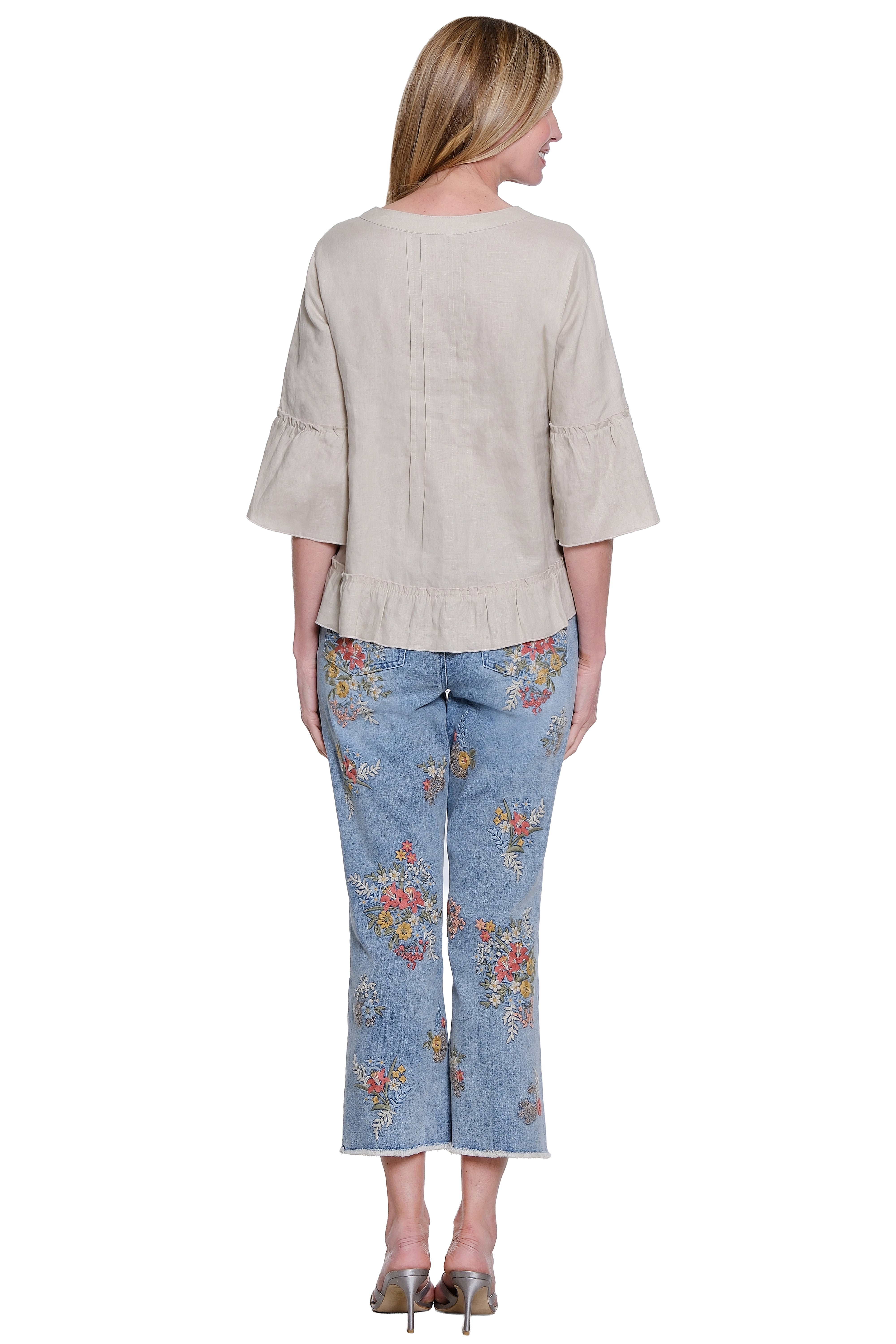 Embroidered Flare Crop Leg 5 Pocket Jean - Denim Print