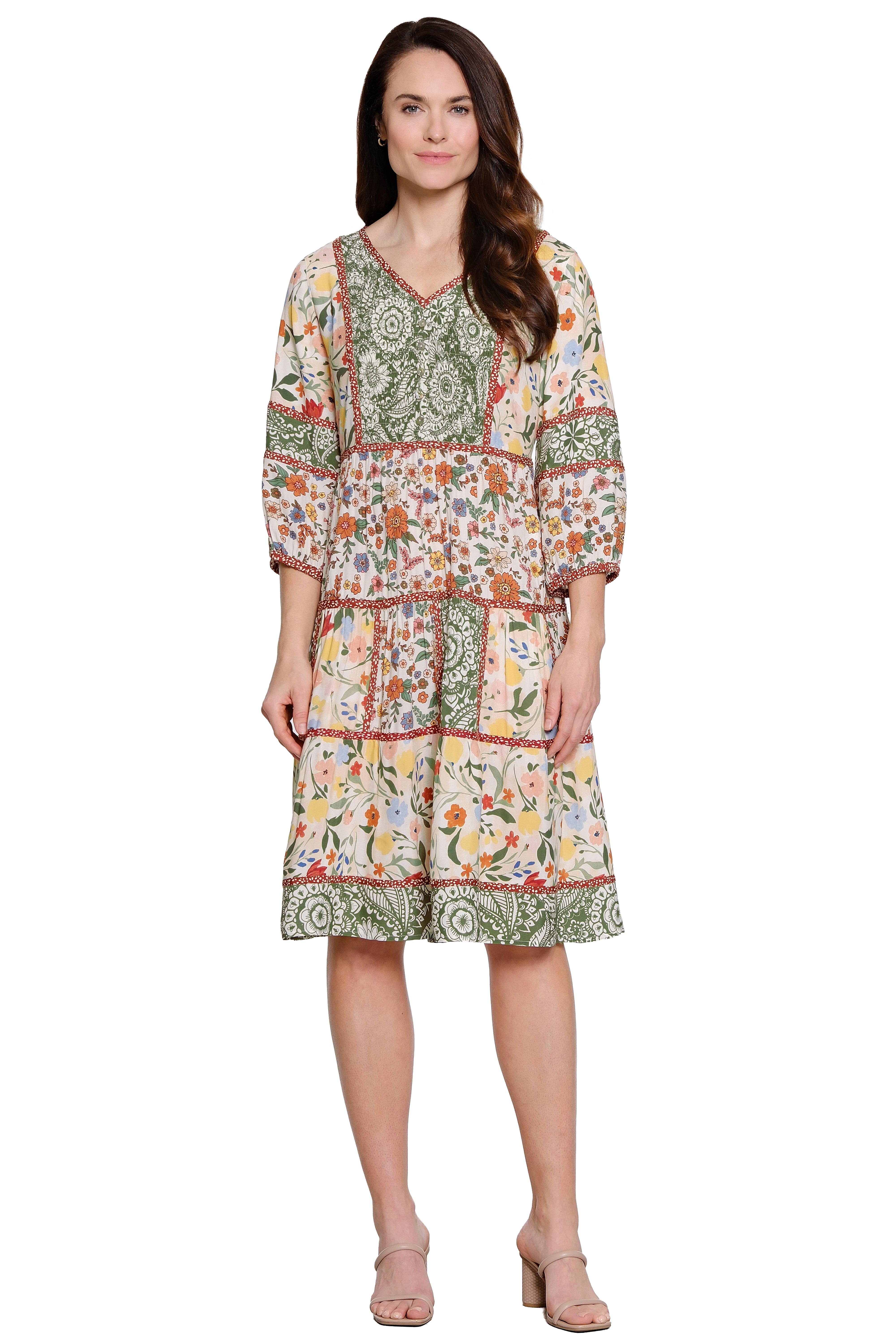 Mix Print Tiered Dress with Smocked Placket - Floral Multi