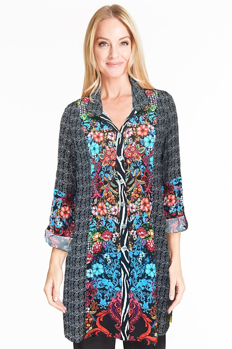 Mixed Print Button Front Tunic - Multi