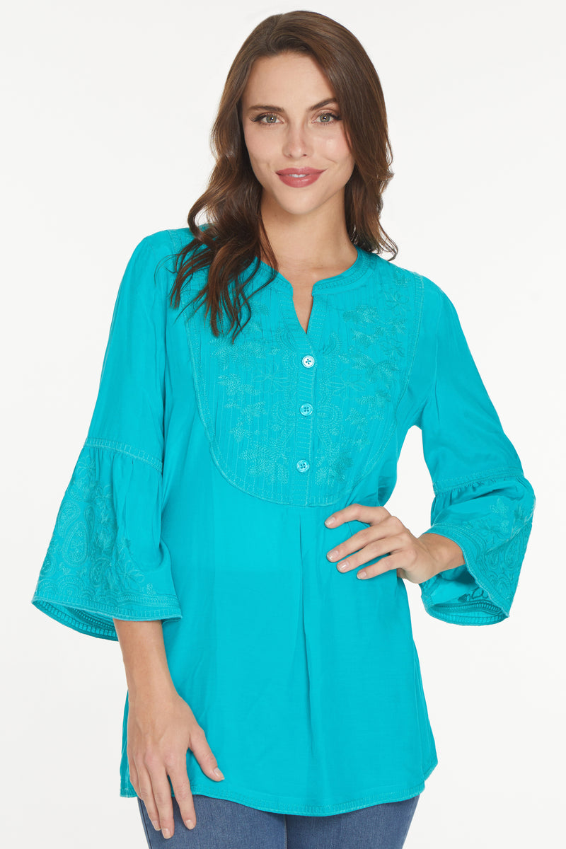 Embroidered Pintuck Tunic - Teal