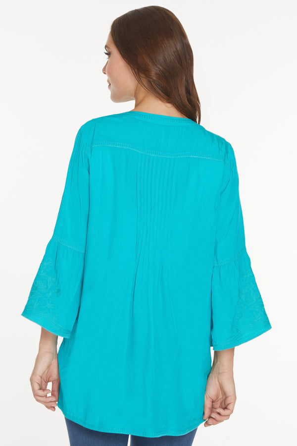 Embroidered Pintuck Tunic - Teal