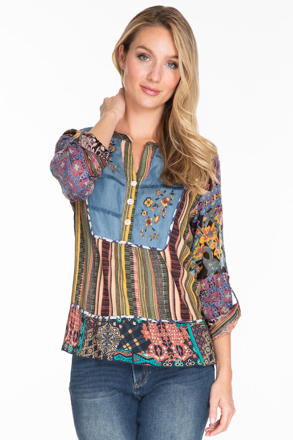 Velvet Embroidered Button Up Tunic- Multi