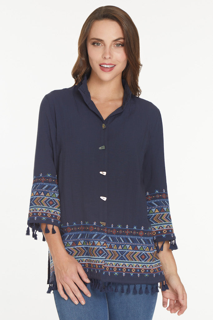 Embroidered Button Up Tunic- Midnight