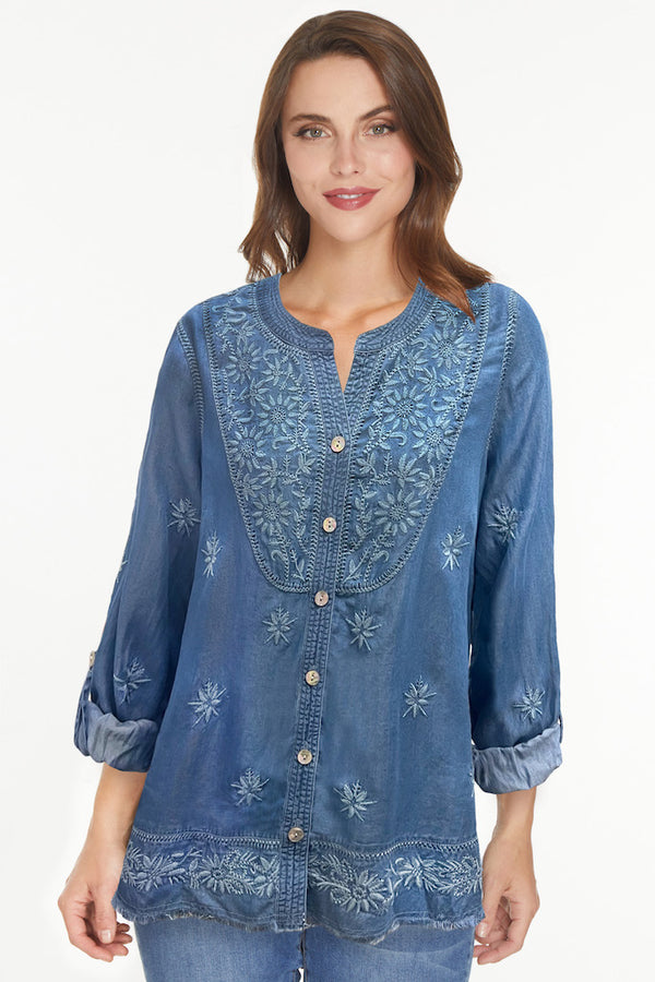 Button Up Peasant Tunic- Chambray