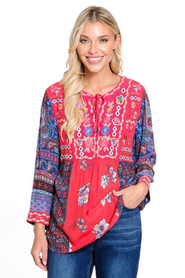 Embroidered Tie Front Tunic - Women's - Spice Print