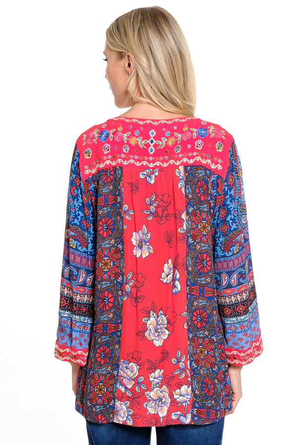 Embroidered Tie Front Tunic - Women's - Spice Print