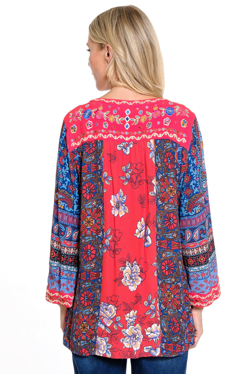 Embroidered Tie Front Tunic - Women's - Spice Print