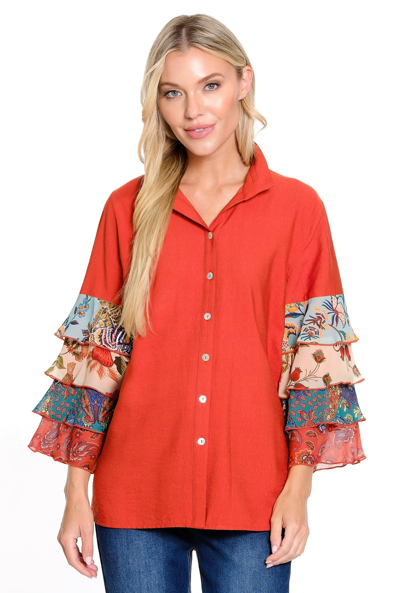 Tiered Ruffle Sleeve Top - Petite - Spicy Orange