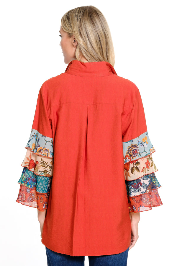 Tiered Ruffle Sleeve Top - Spicy Orange