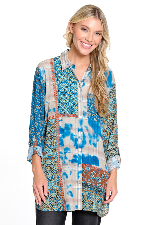 Mixed Print Button Up Shirt - Teal Print