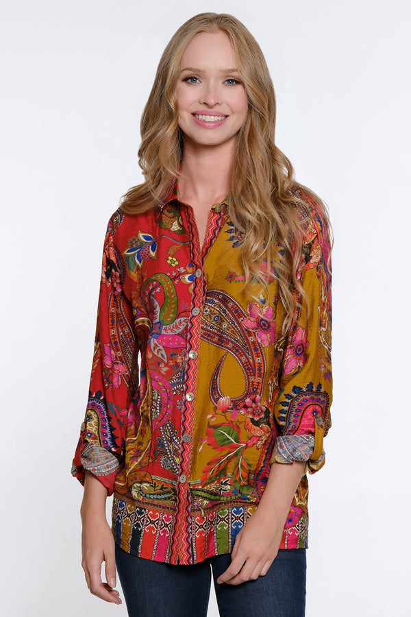 Scarf Print Button Up Shirt - Petite - Paisley Multi