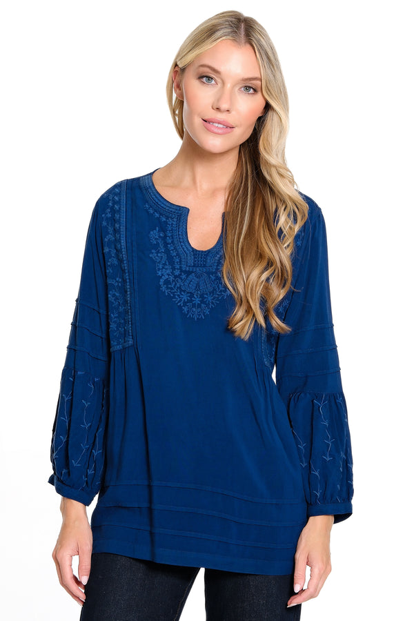 Embroidered V Neck Tunic - Women's - Dark Indigo