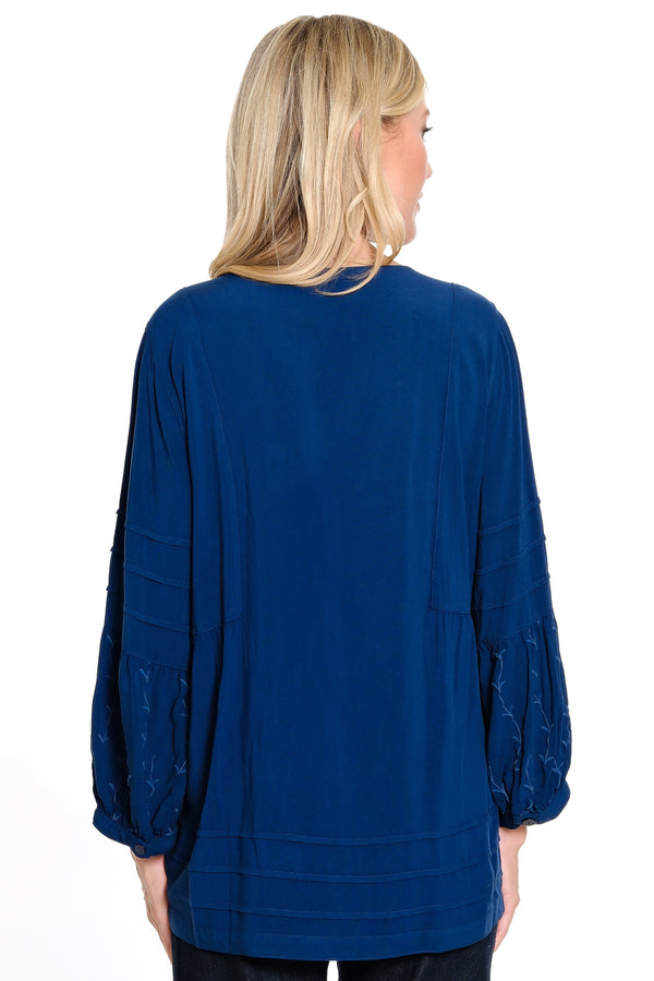 Embroidered V Neck Tunic - Women's - Dark Indigo