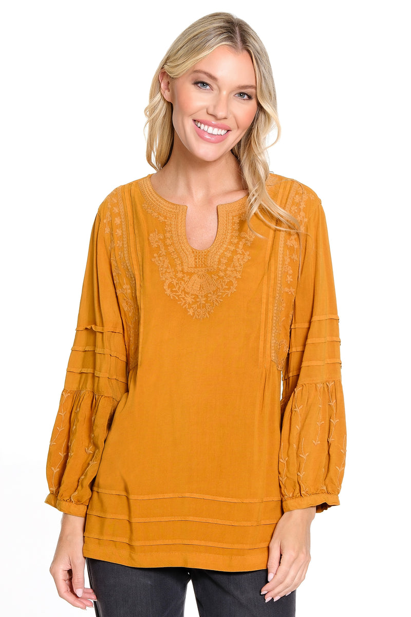 Embroidered V Neck Tunic - Spicy Yellow