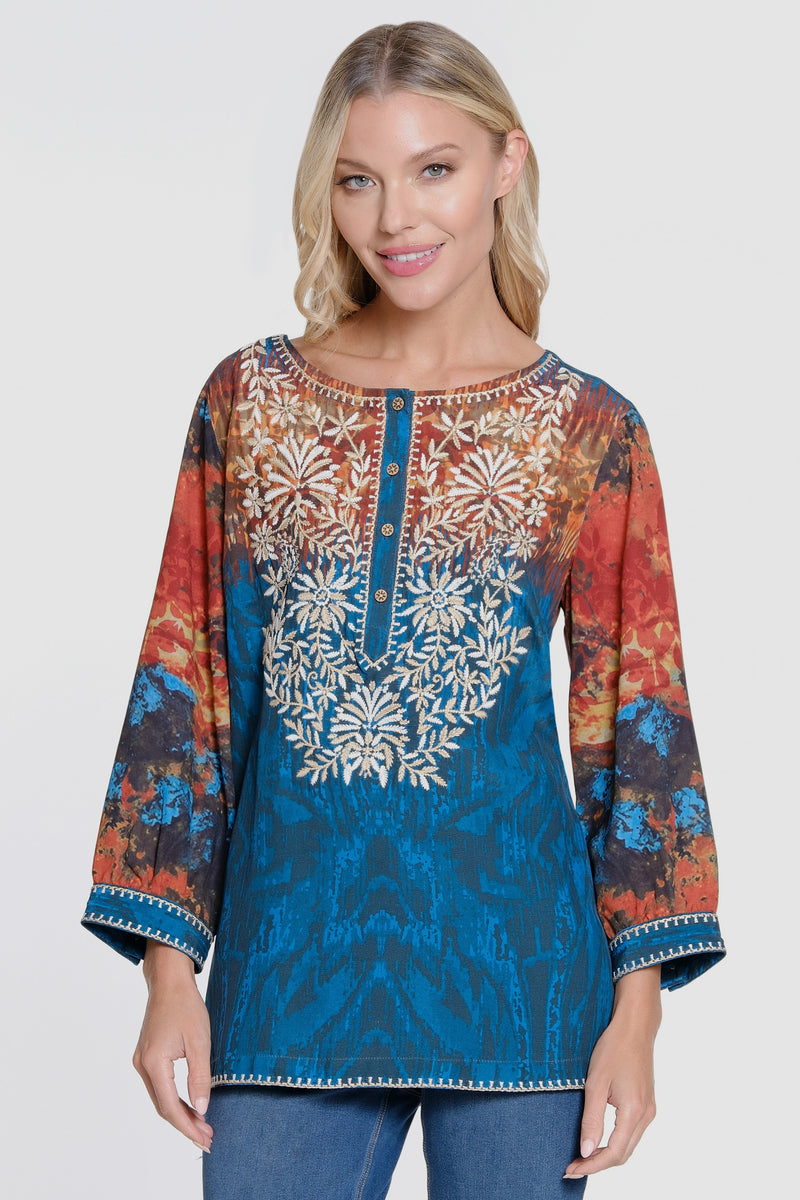 Embroidered Button Up Tunic - Women's - Teal Print