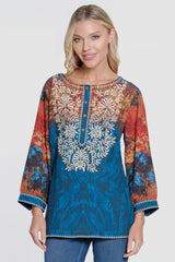 Embroidered Button Up Tunic - Petite - Teal Print