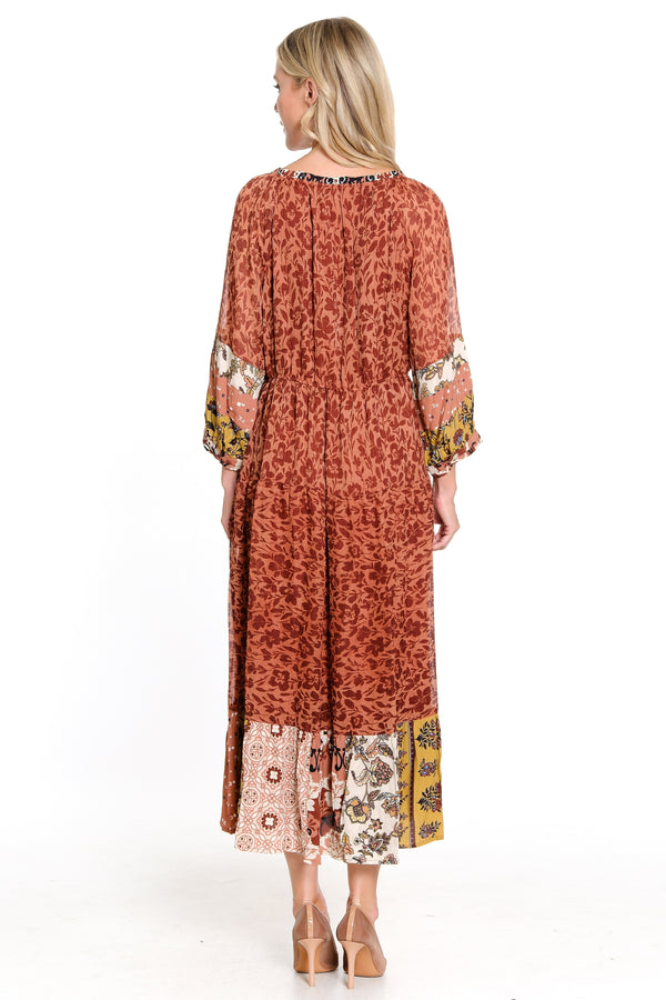 Mix Print 3/4 Sleeve Midi Dress - Spice Print