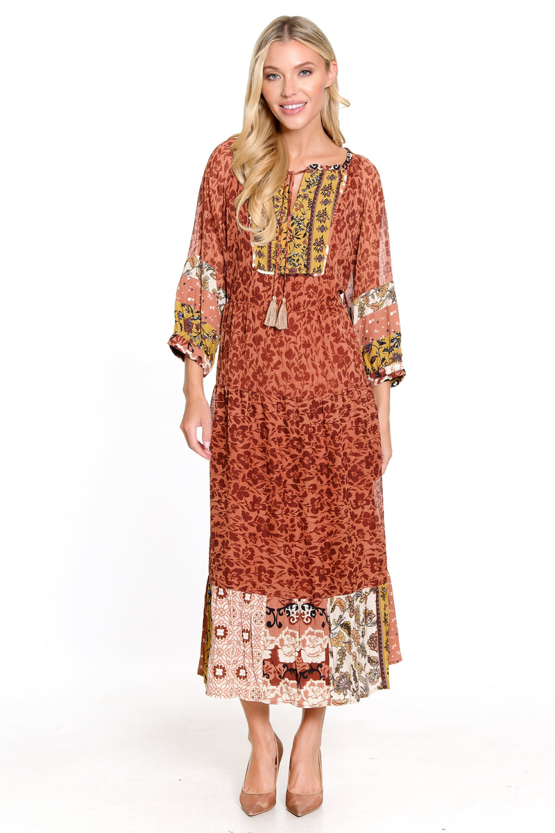 Mix Print 3/4 Sleeve Midi Dress - Spice Print