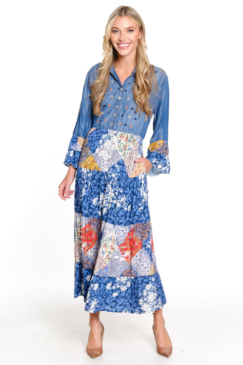 Tiered Button Front Dress - Blue Print