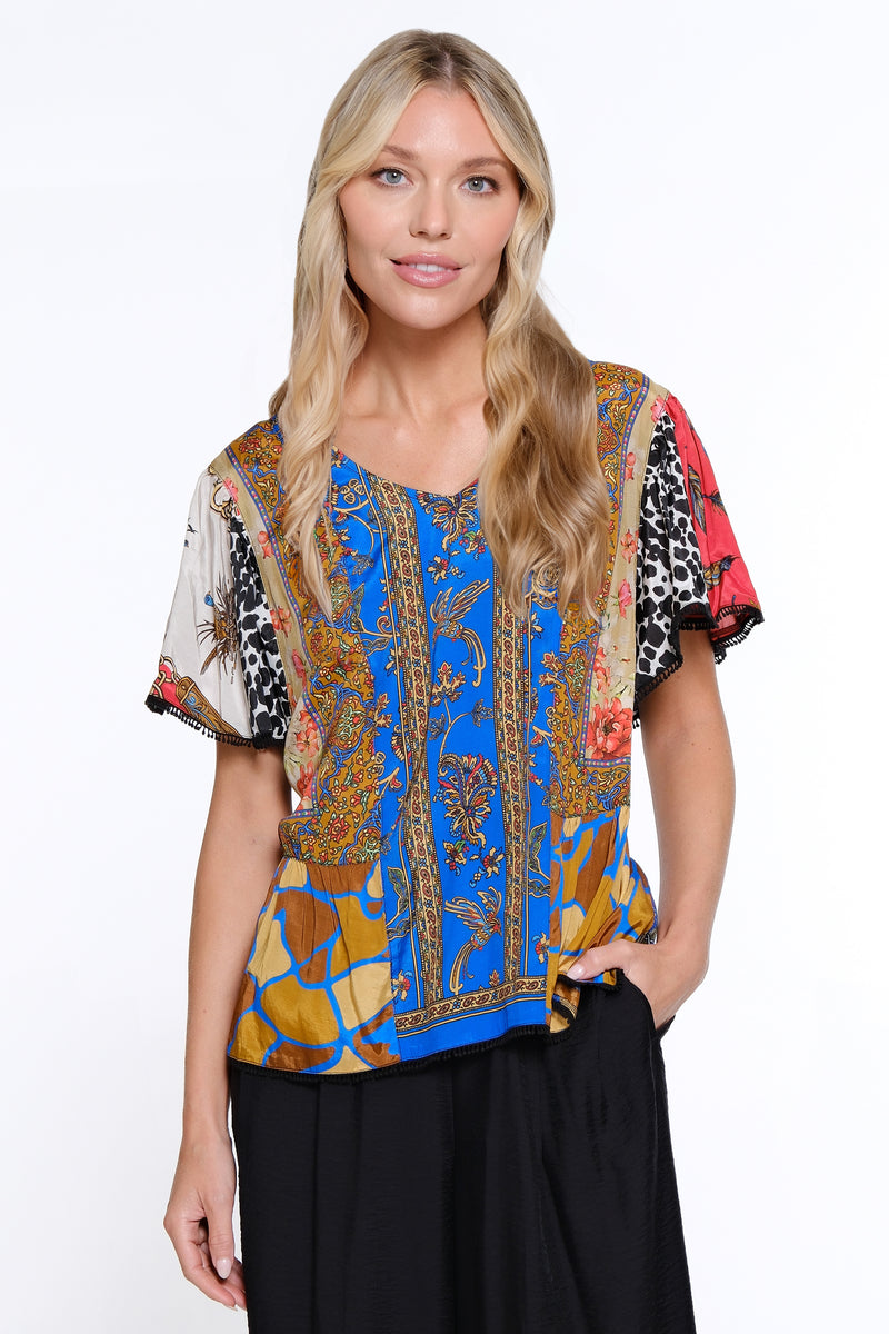 Mixed Print Ruffle Sleeve Top - Multi