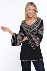 Embroidered Flounce Sleeve Top - Women's - Black