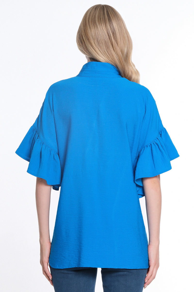 Button Up Ruffle Sleeve Top - Cobalt