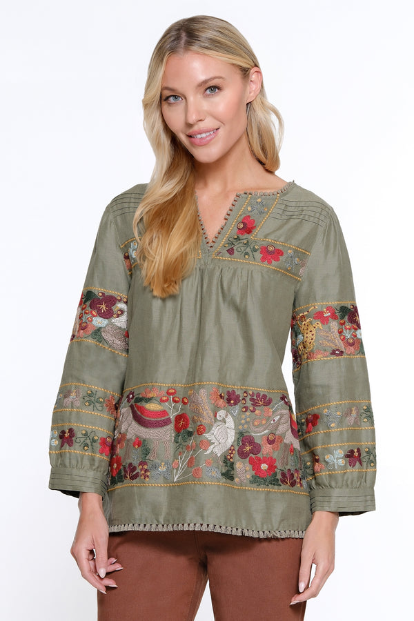 Embroidered Tunic with Pintuck Details - Olive