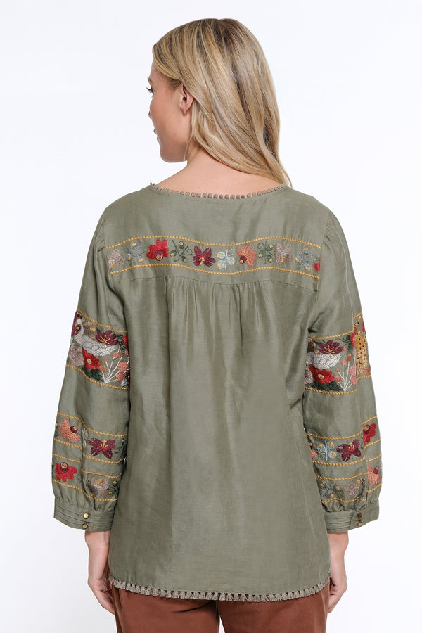 Embroidered Tunic with Pintuck Details - Olive