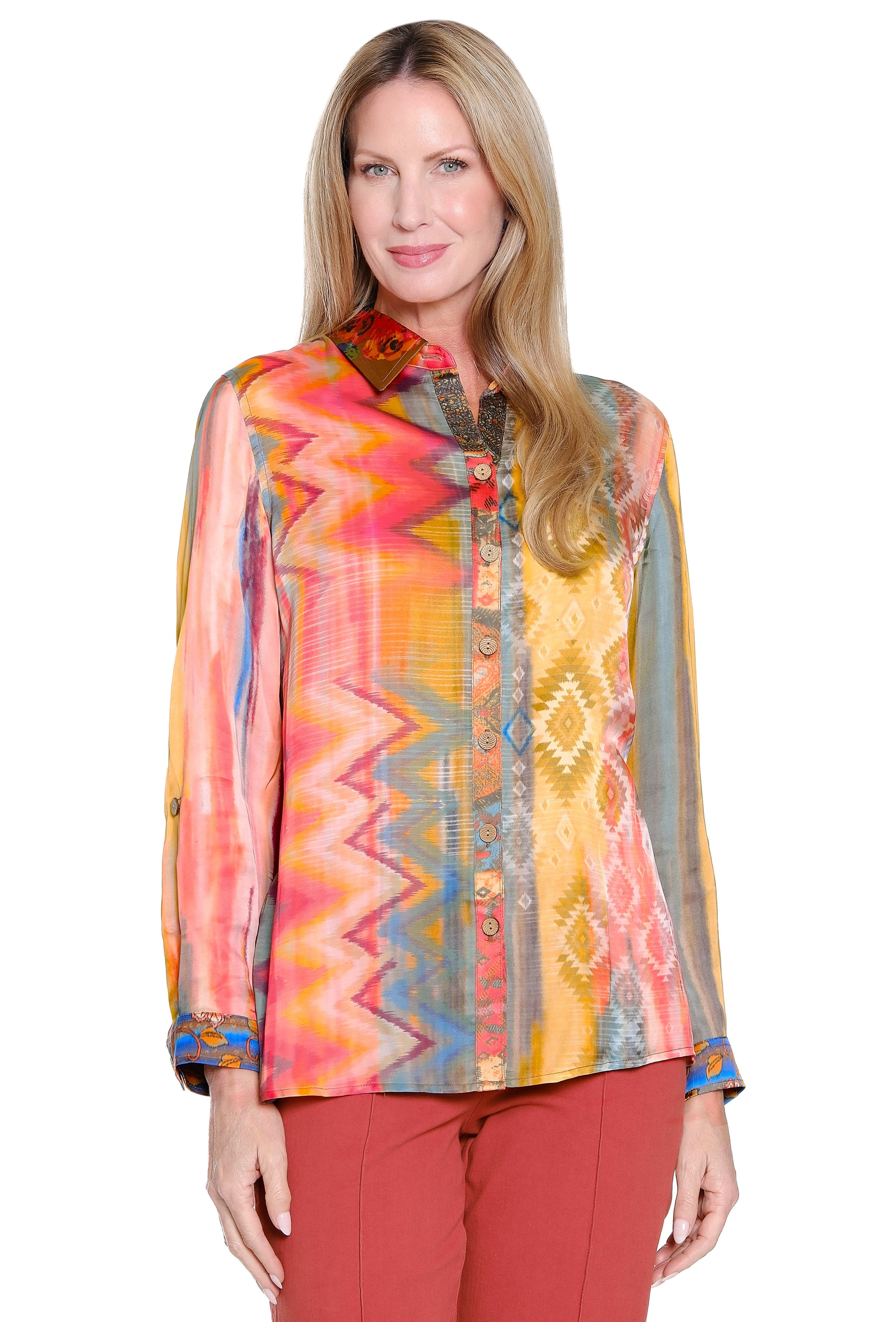 Multi-Print Button Front Blouse - Petite - Spice Print