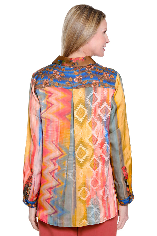 Multi-Print Button Front Blouse - Petite - Spice Print