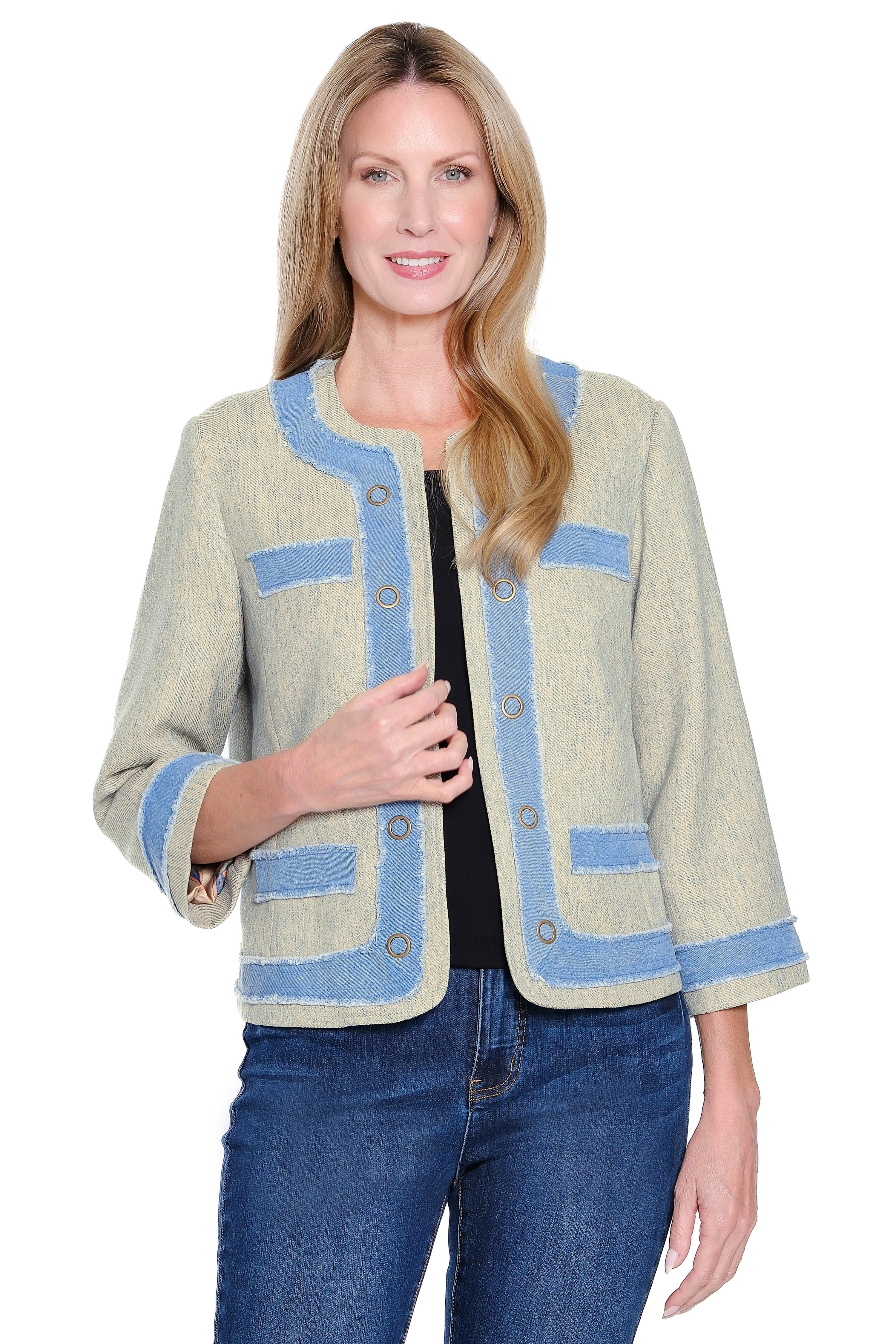 Open Front Tweed Jacket - Blue Multi