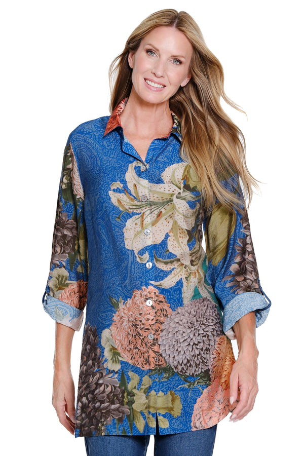 Floral Print Button-Front Top - Petite - Floral Multi