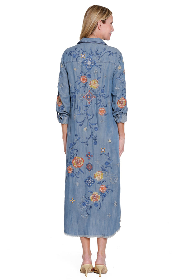Embroidered Button-Front Dress - Light Indigo
