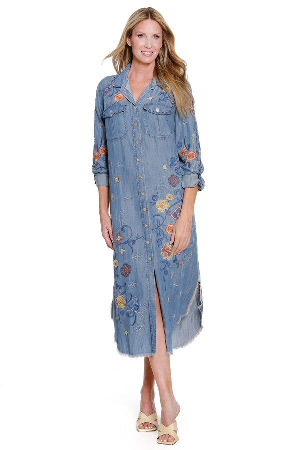 Embroidered Button-Front Dress- Petite - Light Indigo