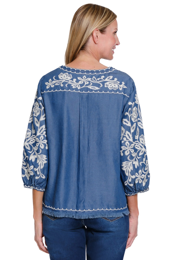 Allover Embroidered Pullover Top - Indigo