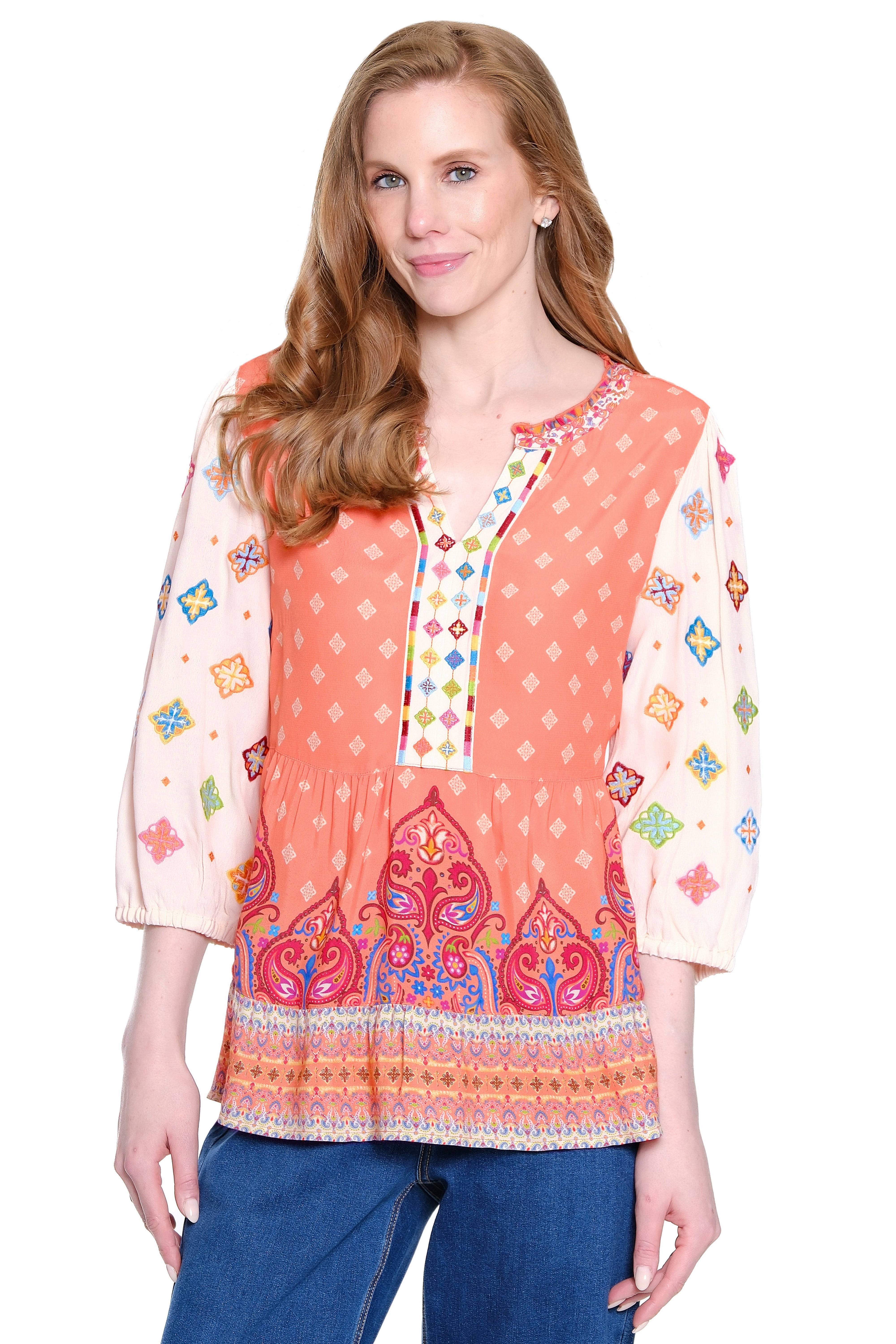 Mixed Print Embroidered Tunic - Plus - Apricot