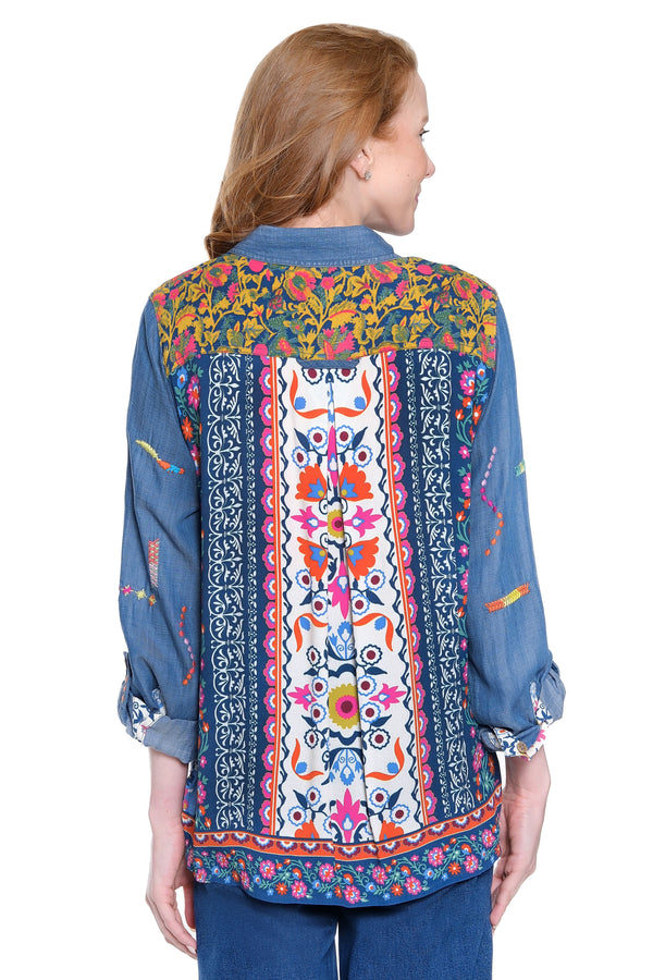 Embroidered Top with Printed Back - Petite - Multi