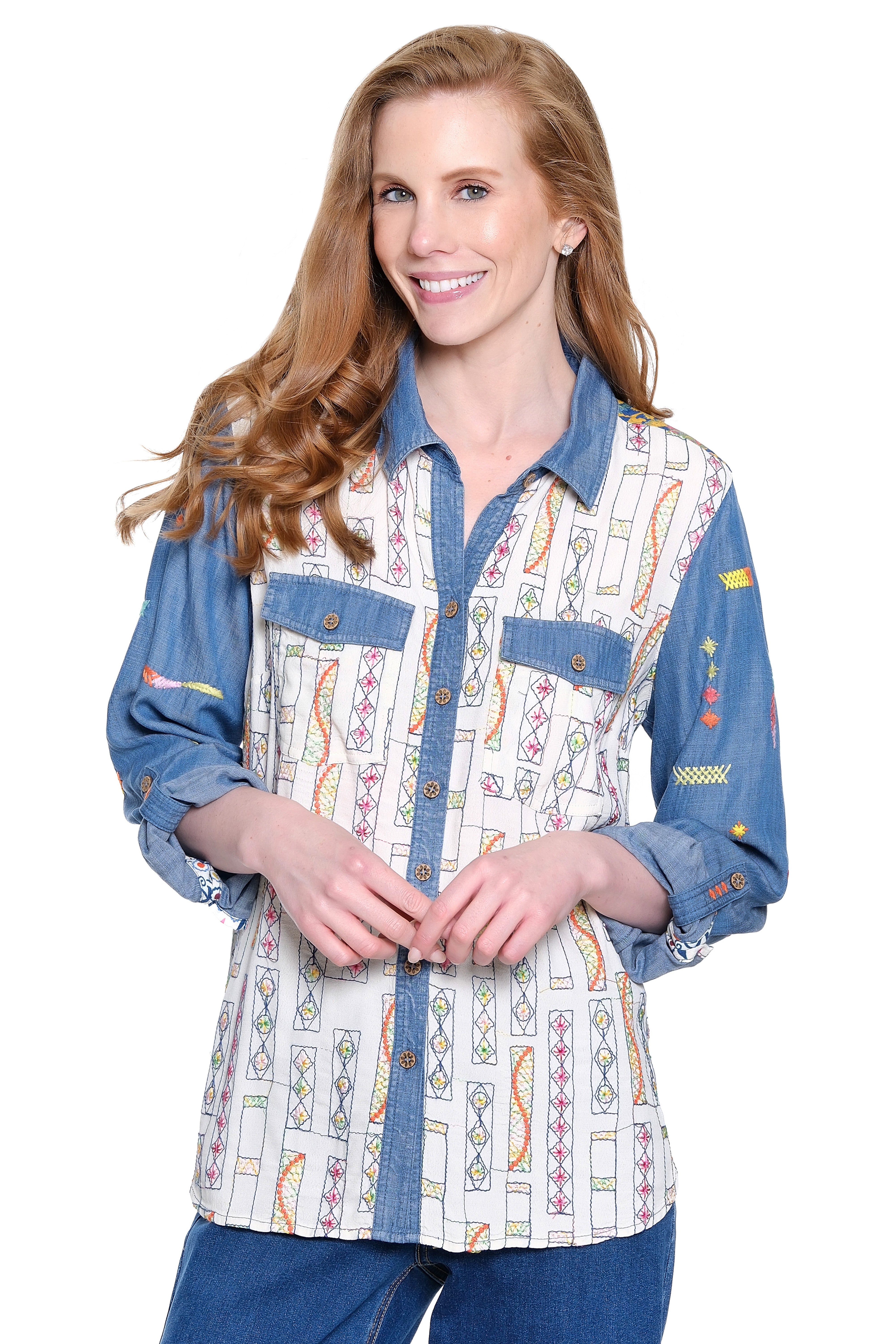 Embroidered Top with Printed Back - Petite - Multi