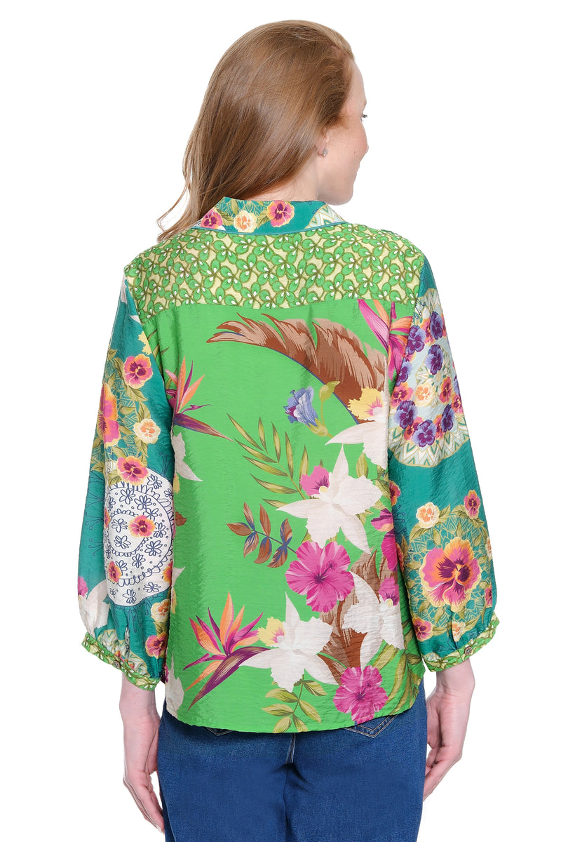 Mixed Print Tie-Front Top - Green Aqua