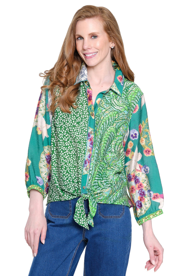 Mixed Print Tie-Front Top - Petite - Green Aqua