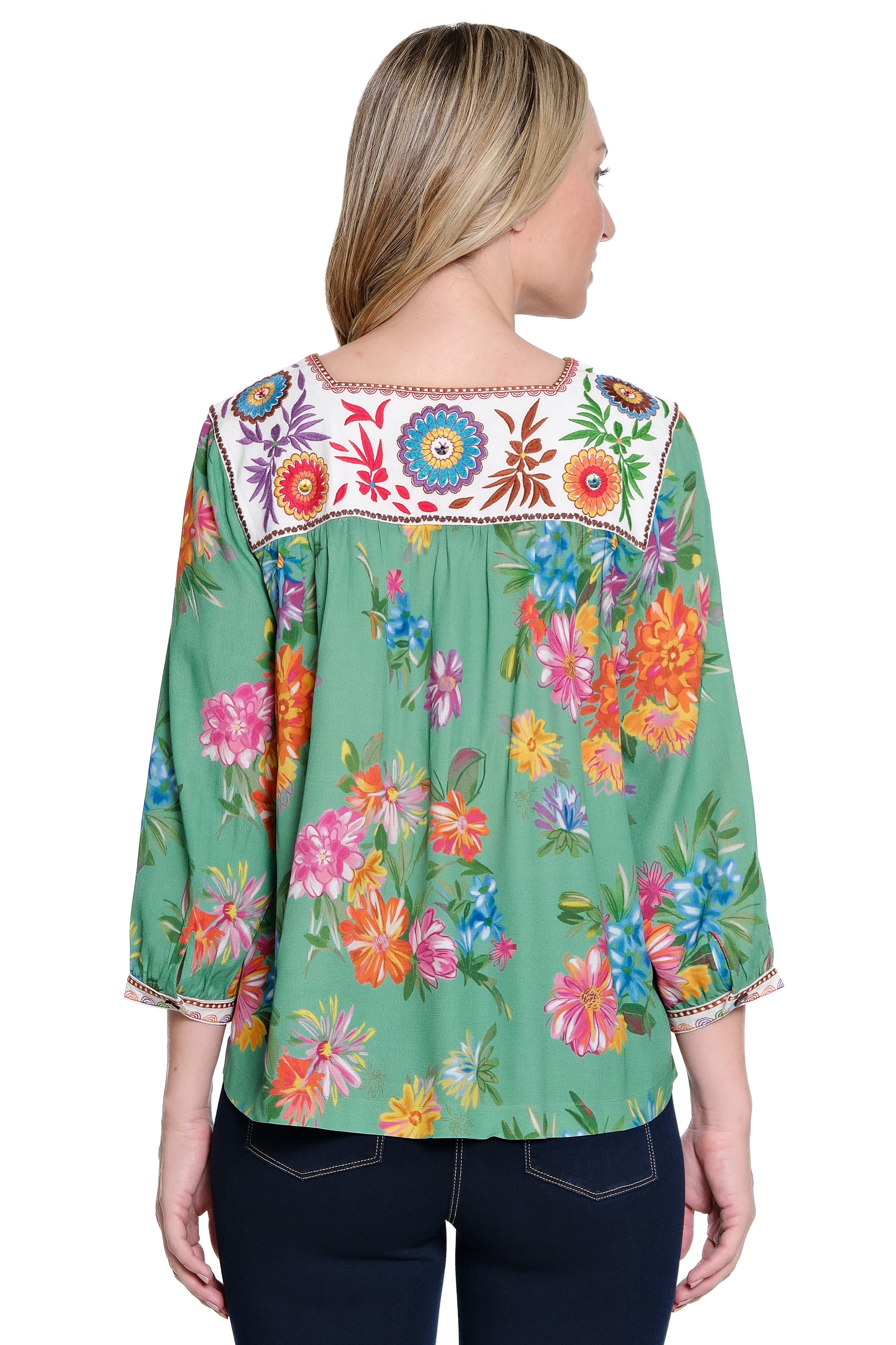 Floral Print Peasant Top with Embroidered Square Neckline - Petite - Green Floral